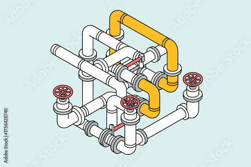 Complex plumbing system isometric view with highlighted section and control valves industrial piping network design concept