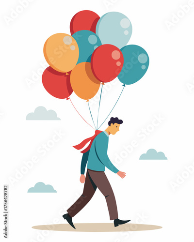 A person walking with a pile of stress balloons on their back each one representing a different source of pressure and responsibility making it difficult for them to see ahead and. Vector illustration