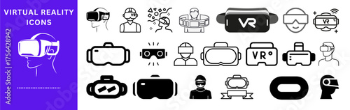 Virtual reality icons with VR headsets, gaming, 3D simulation, and immersive technology symbols in line and solid styles
