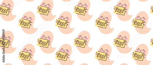Seamless pattern of a cheerful ghost playfully scaring people with a "BOO" sign. This fun and spirited design is perfect for Halloween decorations, festive fabric, and party invitations.