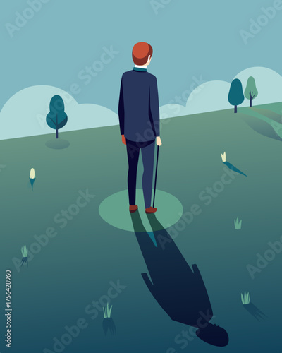 A person standing in a field with a shadow of an invisible weight labeled Grief following closely behind.. Vector illustration