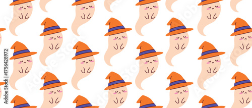 Seamless pattern featuring a melancholy ghost wearing a pointy witch's hat. This emotional and spooky design is ideal for unique Halloween projects, textiles, and decorative paper for parties.