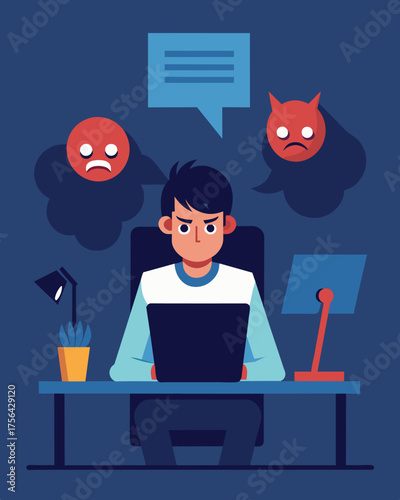 A person sits alone at their desk their eyes fixed on the screen eyebrows furrowed in frustration as they read through an onslaught of trolling messages.. Vector illustration