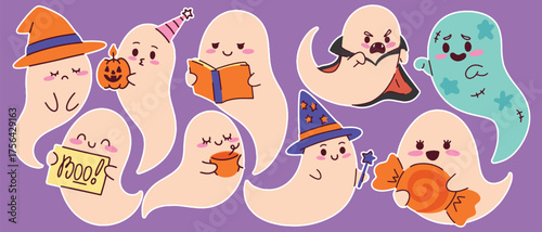 Set of nine unique ghost characters on a purple background. Includes a vampire, wizard, and zombie, plus ghosts reading, holding a pumpkin, or drinking. Perfect for Halloween party decorations.