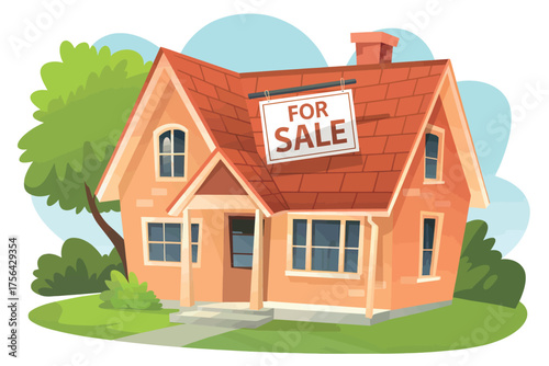 Charming cartoon house for sale with vibrant green surroundings estate opportunity