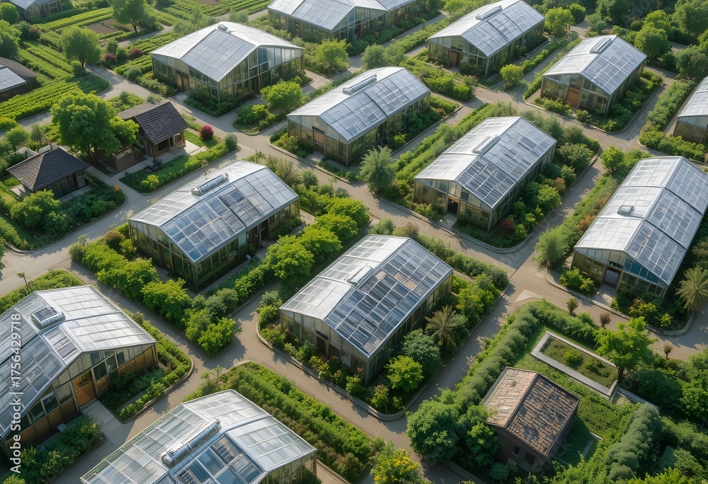 Fototapeta premium aerial view of modern agricultural complex with greenhouses equipped with solar panels in green environment