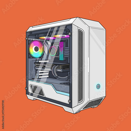 A gaming desktop case, Gaming computer, Liquid cooler, White pc icon logo flat vector design