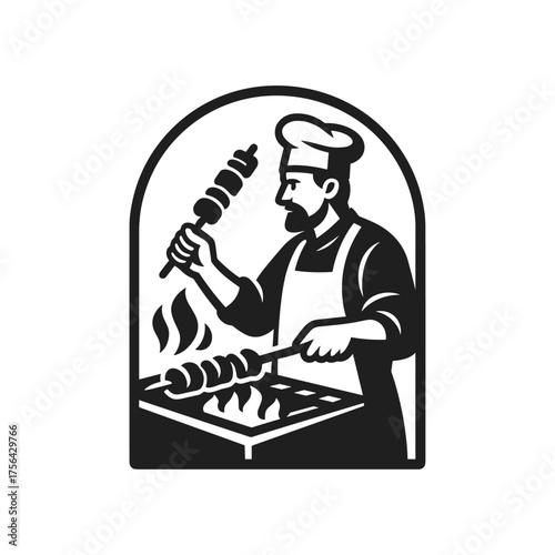 Kebab shop, Chef with kebab skewer, Food shop icon logo flat vector design