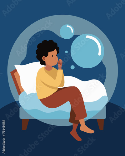 A person lying in bed surrounded by an invisible bubble of anxiety and worries that keeps them ped and unable to rest.. Vector illustration