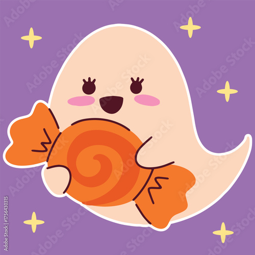 A joyful ghost holds a large orange candy treat on a purple background with a white outline and stars.