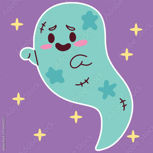 A stitched-up zombie ghost with a white outline looks down shyly on a purple background with stars.