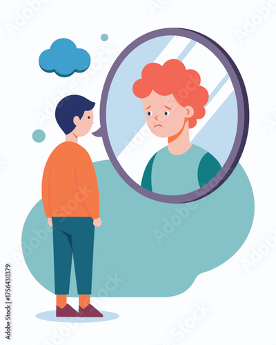 A person staring at a mirror in their thought bubble seeing only flaws and imperfections.. Vector illustration