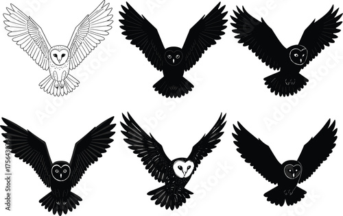 Flying owl vector illustration, stylized bird in motion, black and white wildlife design, symmetrical wings, nocturnal animal art, isolated graphic