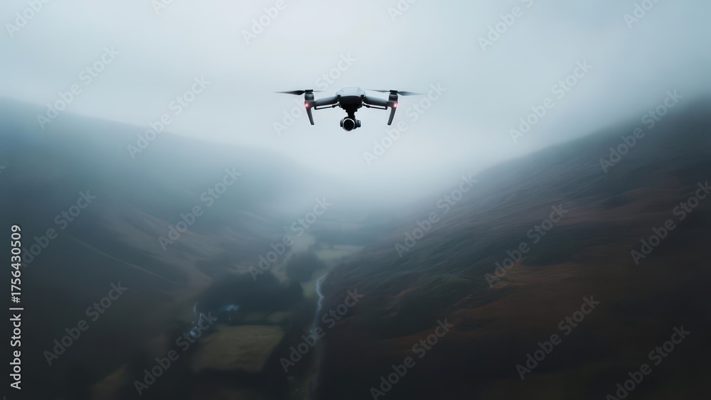 Fototapeta premium A drone hovers over a valley shrouded in mist, capturing a wide aerial landscape