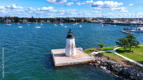 Goat Island Lighthouse aerial view on Goat Island in Narragansett Bay, Newport, Rhode Island RI, USA. 