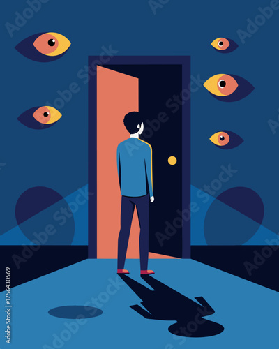 A person staring at a closed door their eyes filled with fear and hesitation as invisible barriers seem to hold them back from opening it.. Vector illustration