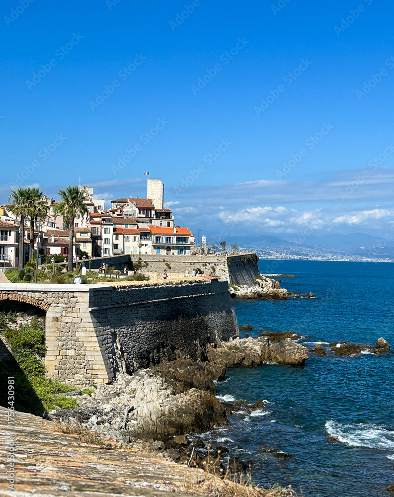 Fototapeta premium Beautiful view of the sea and embankment on a summer day. Antibes. France.
