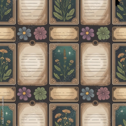 Floral seamless pattern featuring stylized plants, blank labels and botanical sketches. Whimsical archive-style design for wrapping paper or fabric.
