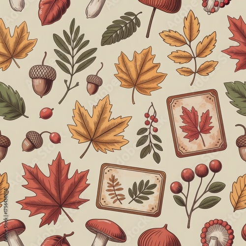 Seamless forest-inspired pattern with mushrooms, foliage and vintage tags. Cozy seasonal texture for wrapping paper, fabric or editorial campaigns.