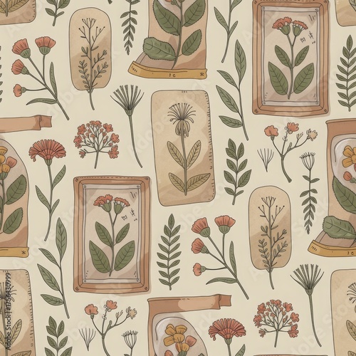Seamless vintage botanical layout with muted colors and hand-sketched foliage. Elegant archival repeat for seasonal campaigns or product presentation.