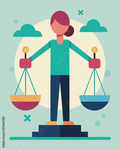 A person on a scale with two weights one labeled worthless and the other labeled valued showing the internal battle between selfdoubt and selfacceptance.. Vector illustration