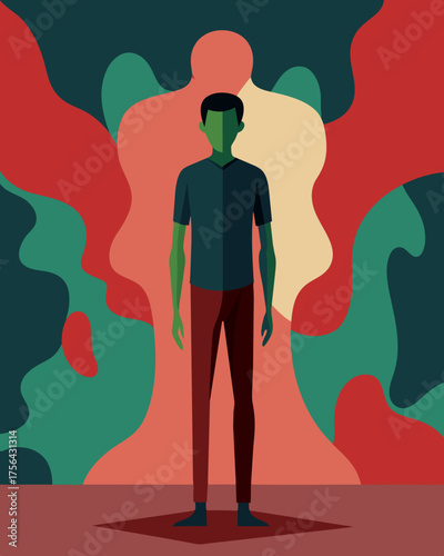 A person standing in front of a mural their body matching the incomplete image in a strange and unsettling way.. Vector illustration
