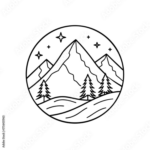 Mountains trees and stars art on transparent background