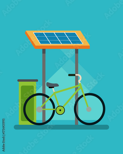 A solarpowered bike sharing station equipped with a solar panel roof to power the electronic bike lock system providing a convenient and sustainable mode of transportation for city. Vector