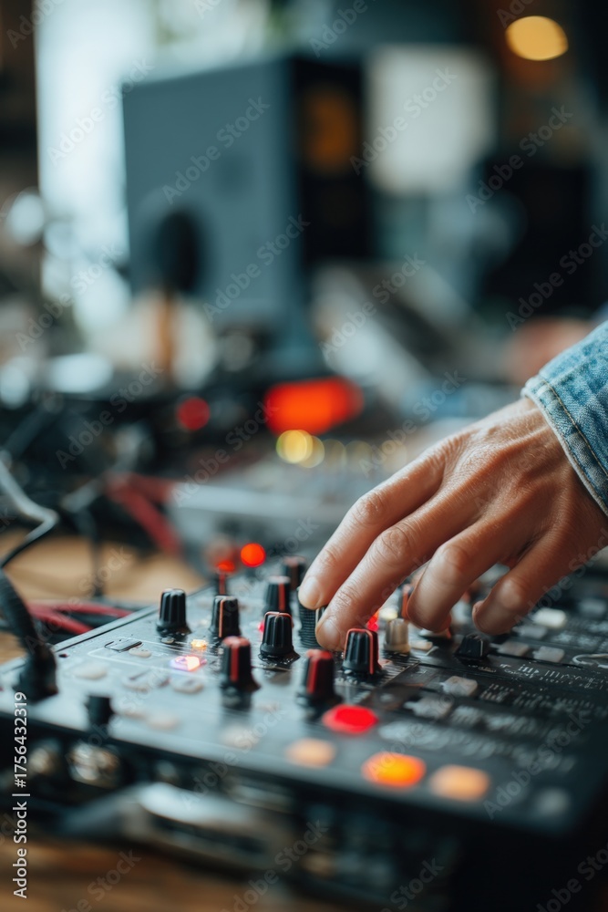 Fototapeta premium Close-up of Hands Adjusting Audio Interface in Creative Studio