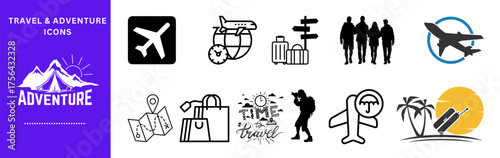 Travel adventure icons collection with airplane, mountains, hiking, and world trip illustrations for holiday design themes