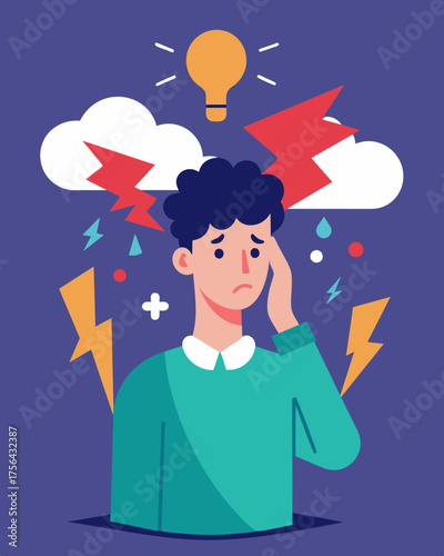 A storm of cognitive dissonance causing the person to question their own beliefs and values as they are confronted with conflicting information.. Vector illustration