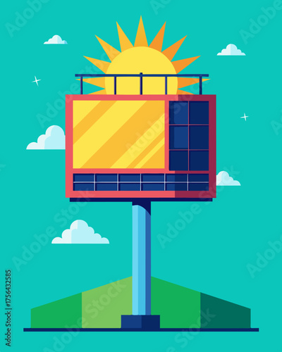 A towering billboard powered by bright solar panels displaying vibrant adver.. Vector illustration