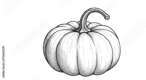 Detailed Hand-Drawn Pumpkin Sketch – Vintage Engraving Style Fall Vegetable Line Art