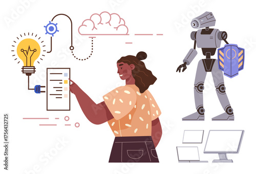 Woman engaging with tech interface, ideas symbolized by lightbulb, cloud computing diagram, robot with shield, computer screens. Ideal for technology, innovation, AI, security data creativity
