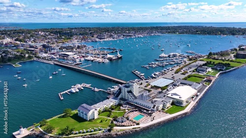 Goat Island aerial view including Goat Island Marina and Goat Island Lighthouse in Narragansett Bay, Newport, Rhode Island RI, USA. 