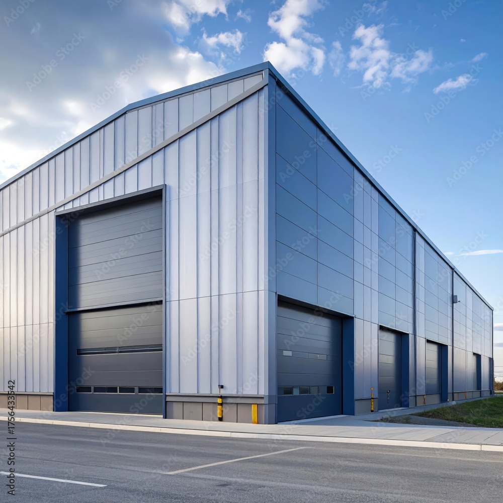 Obraz premium A modern industrial warehouse featuring blue and silver metal siding and large loading bay doors under a partly cloudy sky.