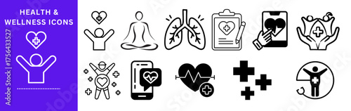 Wellness icons set with medical, yoga, fitness, healthcare, and healthy lifestyle illustrations in outline and solid styles