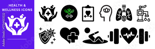Health and fitness icons with gym, exercise, heart, medical care, and wellness lifestyle illustrations in bold graphic style