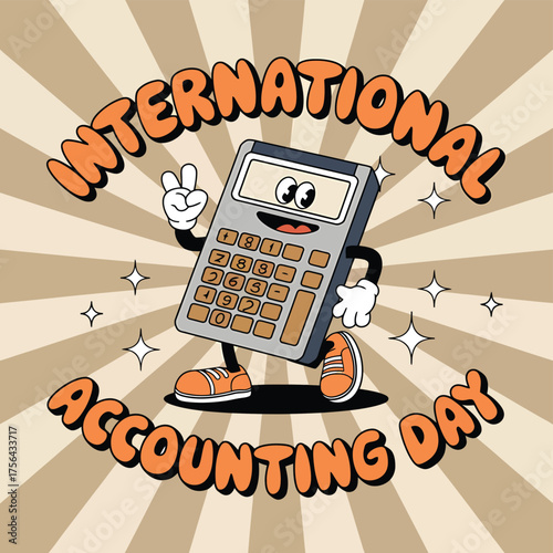 Vector art of funny cartoon calculator character celebrating international accounting day with peace sign and sunburst background