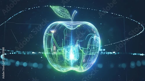 Wireframe apple design on futuristic background, digital fruit concept with neon light effect. Modern wireframe apple design includes glow, technology, circuitry, and a network of connections.