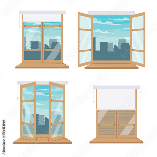 Set of beautiful closed and open windows in cartoon style. Vector illustration of window with window sills, city view with modern high-rise buildings, roller blinds isolated on white background.