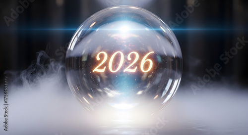 A glowing crystal ball revealing the year 2026 in a cloud of mystical smoke