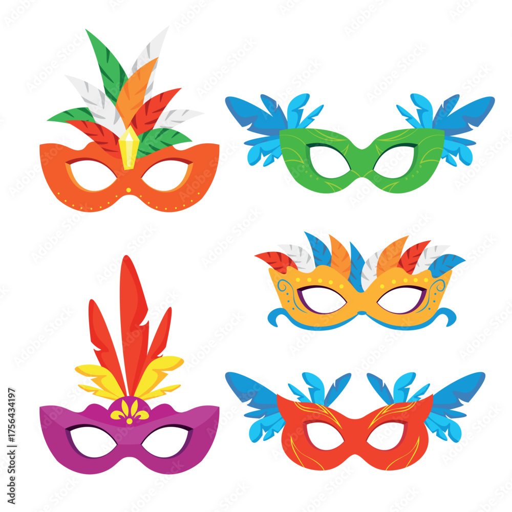 Obraz premium Set of beautiful carnival masks for parties in cartoon style. Vector illustration of festival masks with feathers, rhinestones, patterns isolated on white background. Mardi Gras. Brazilian, Venetian.