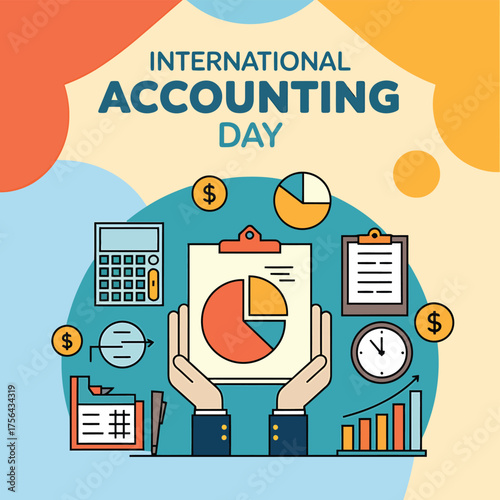 Vector art of international accounting day celebration with financial elements like calculator, pie chart, and coins