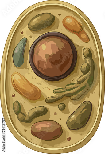 A stylized illustration of a fungal cell showing its main organelles such as the nucleus, cytoplasm, and vacuoles, designed for educational biology materials.