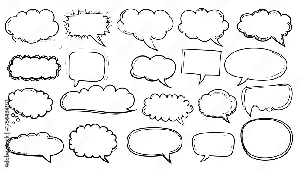 Obraz premium A collection of diverse hand-drawn speech bubbles, each with unique outlines and styles, offering a range of conversation possibilities