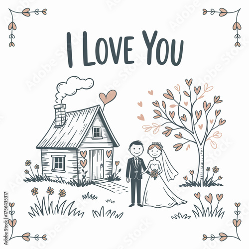 Sweethearts' Serenade: A tender, hand-drawn illustration captures a couple, in love in front of a quaint home under a blossoming tree, all within a message of love and affection.