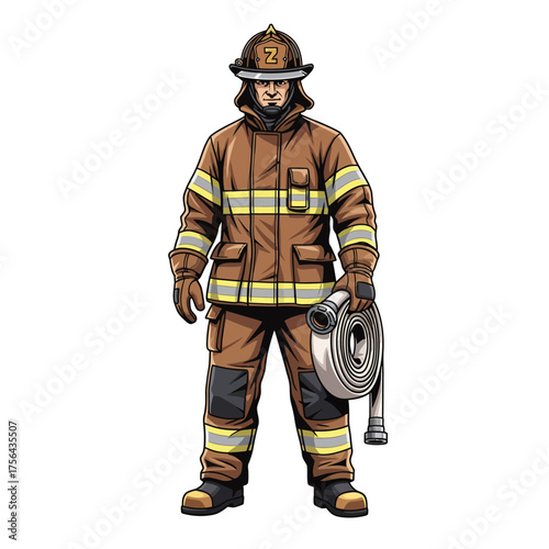 Firefighter in Uniform Holding Hose Vector