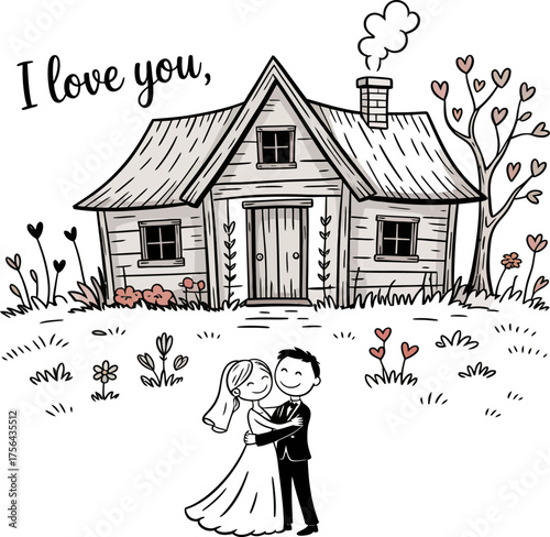 Love's Abode: A charming hand-drawn illustration depicting a newlywed couple embracing joyfully in front of a cozy house, symbolizing the beginning of their life together.