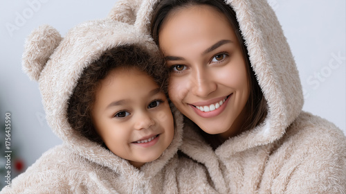 Smiling caucasian female adult and child in cozy bear hoodies